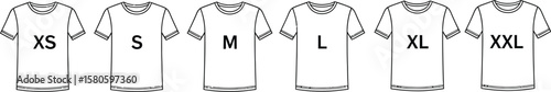 T-shirt sizes range from XS to XXL are displayed in a row.