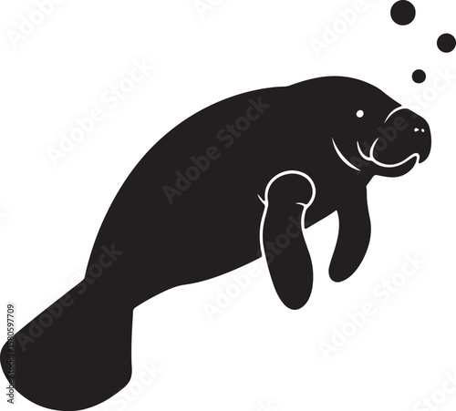 Silhouette illustration of a smiling manatee swimming with bubbles in the ocean waters