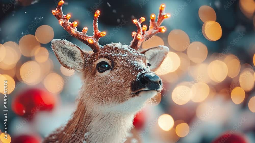 close-up of a cute Christmas reindeer with snow on its face and glowing antlers, surrounded by warm bokeh lights. A magical winter holiday scene full of festive charm and wonder.