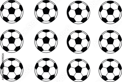 A pattern of twelve classic black and white soccer balls on a white background