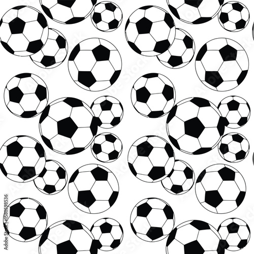 A pattern of black and white soccer balls on a white background