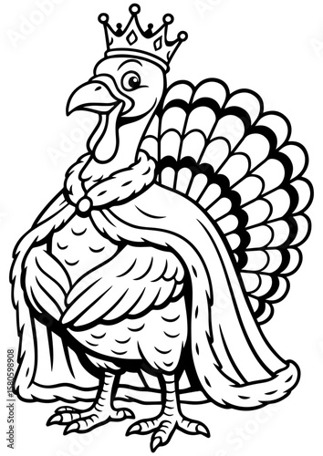 Black and white vector of a cartoon turkey dressed as a king with crown and cape, perfect for Thanksgiving, engraving, prints, coloring, tattoos