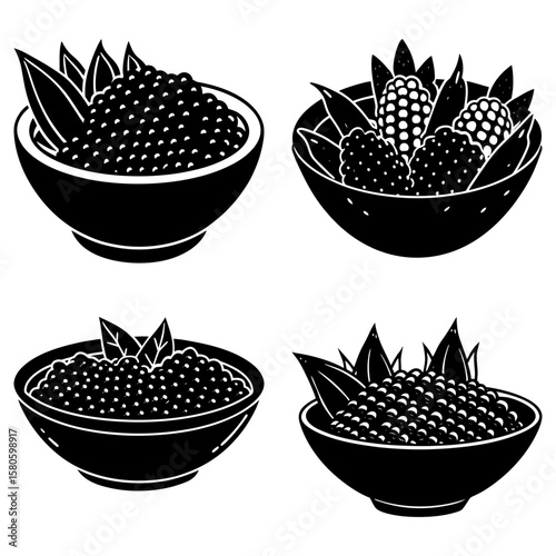 Bowls of caviar and blackberries with leaves in black and white vector illustration design art
