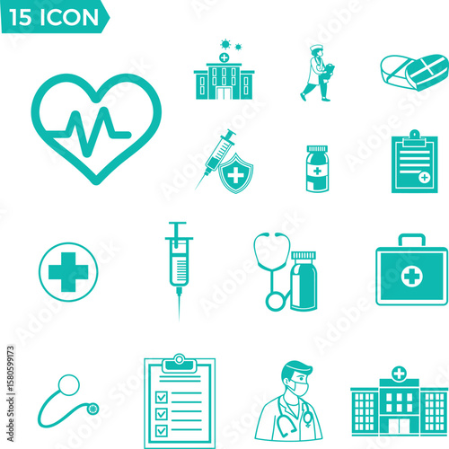 A clean and professional icon set featuring essential healthcare symbols – perfect for medical apps, websites, infographics, and digital interfaces. Fully editable and ready for EPS/SVG use.