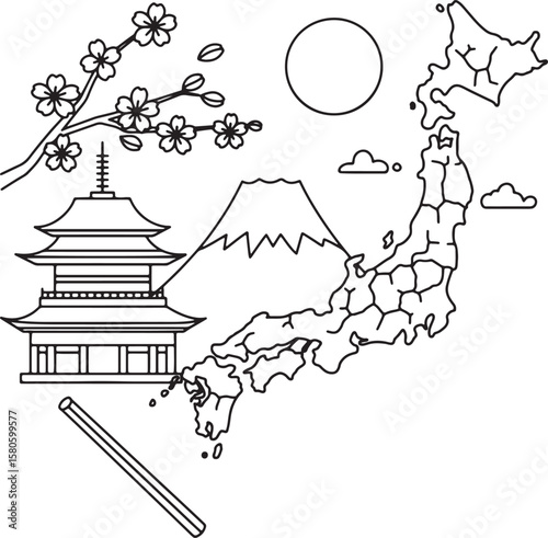 Simple black and white vector illustration of japan's iconic landmarks and scenery