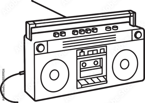 Simple line drawing of a classic boombox audio player with cassette tape and antenna