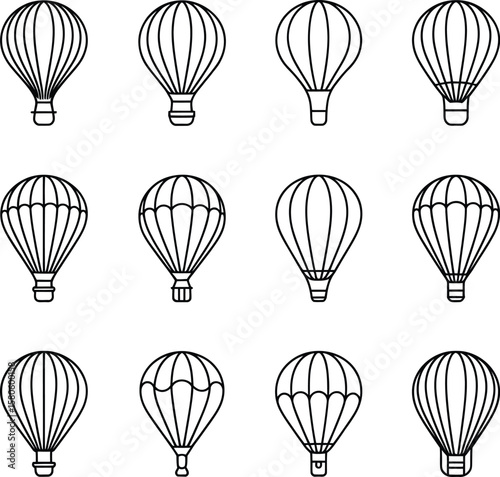 Collection of simple black outline hot air balloon icons on white background
