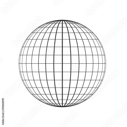 Wireframe globe sphere with black grid lines on white background representing global network or earth model