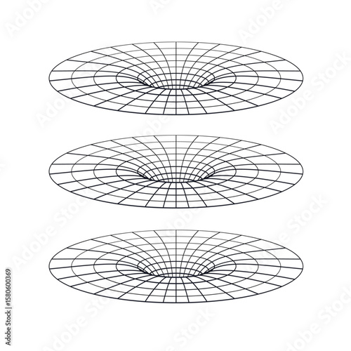 Abstract wireframe gravity wells in space-time grid illustration showing curvature distortion in black holes
