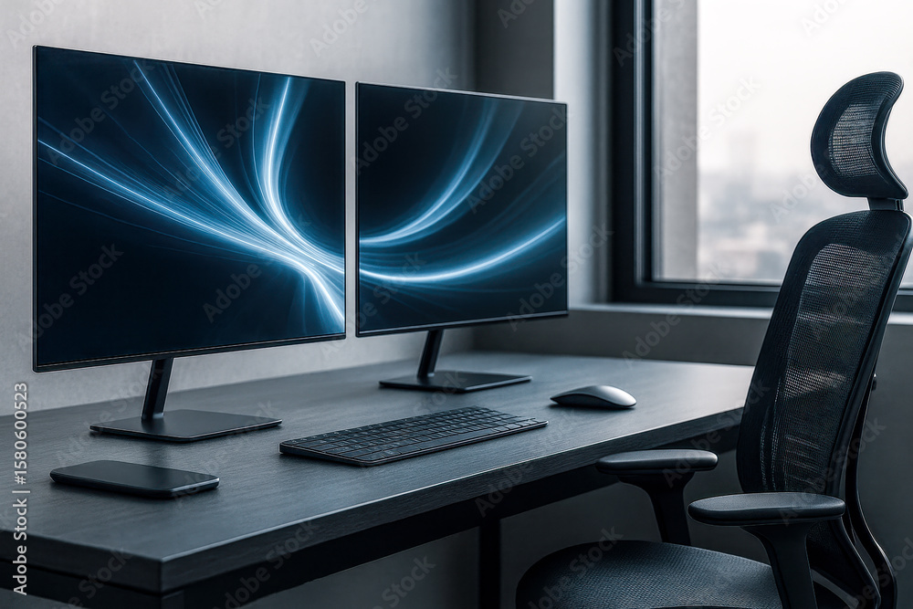 Fototapeta premium high tech desk setup with dual computer monitors displaying abstract blue data streams next to a window in a modern office