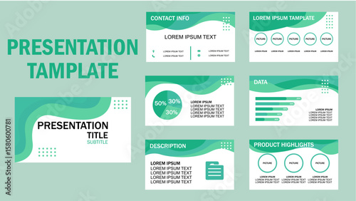 A modern-designed slide deck template set. Features various layouts such as title, contact, description, data, charts, product highlights, and image placeholders.