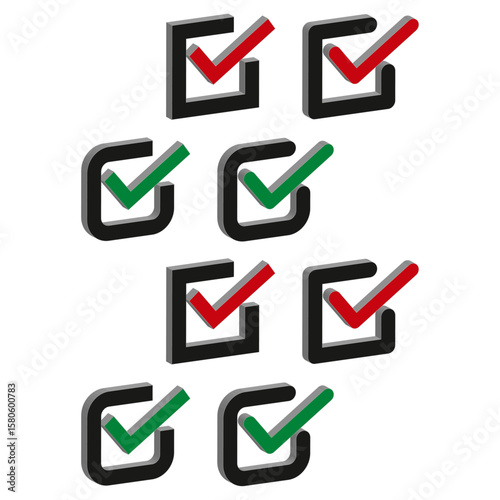 Checkbox selection symbols. Isometric checkmarks. Red green choices. Vector dark outlines.