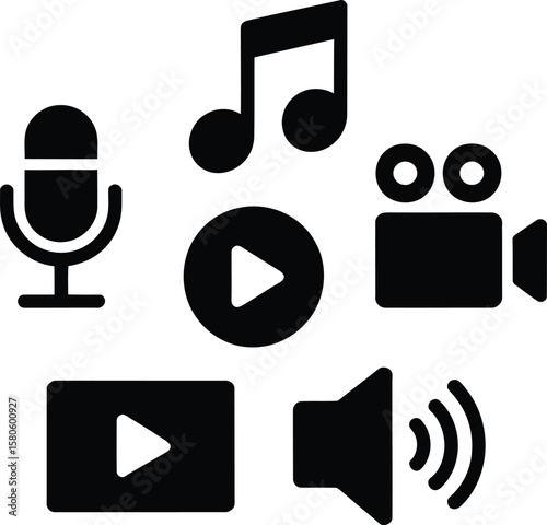 Collection of black icons representing audio and video media elements