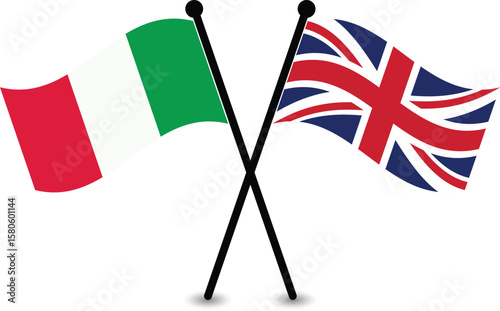 Crossed Italian and British flags, symbolizing international relations.