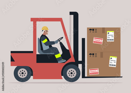 Forklift driver skillfully maneuvers through a warehouse, transporting boxes marked fragile, highlighting the importance of safety and efficiency in daily logistics operations