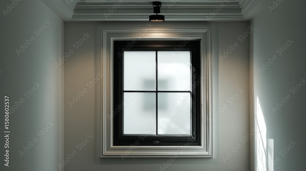 A sleek, modern interior features a black-framed window with frosted glass, illuminated by soft overhead lighting. A sleek, modern interior features a black-framed window with frosted glass, illuminated by soft overhead lighting.