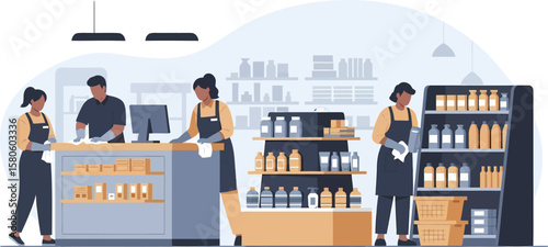 Diverse Retail Staff Sanitizing Store Counters and Shelves.