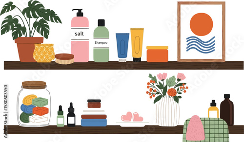 Shelves display bath products, plants, and decor in a stylish arrangement.