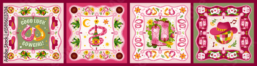 Good Luck Cowgirl! Retro Aesthetic Bandana Set. Vector illustration of boots, cowboy hat, snake, dice, horseshoes and western disco style for fashion poster, background, card and pattern.
