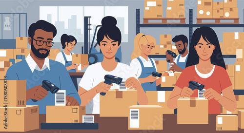Diverse Team Scanning Barcodes in Busy Warehouse.
