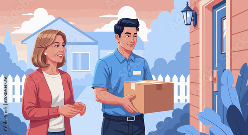 Friendly Delivery Person Delivers Package to a Homeowner.