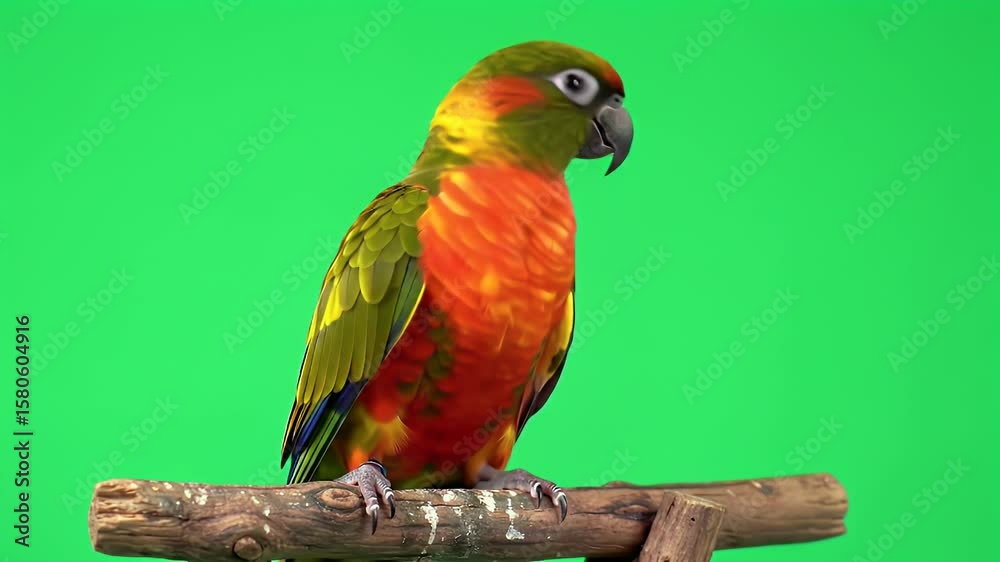 Vibrant Sun Conure Parrot Perched on Branch Against Green Screen Background for Easy Compositing