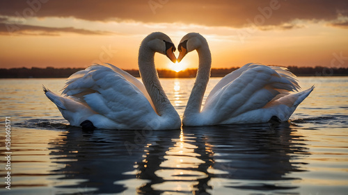 Fototapeta Naklejka Na Ścianę i Meble -  Two swans making a heart, Sunset landscape