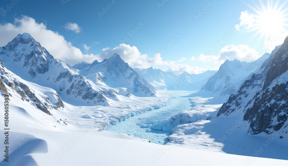 Obraz premium Snow-Covered Mountain Range with Glacial Valley Under Bright Sunlight