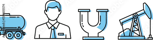 Oil industry icons feature tank truck, worker, pipe, and pump jack.