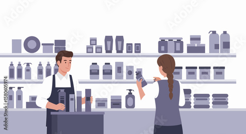 Male and Female Shop Assistants in a Beauty Supply Store.
