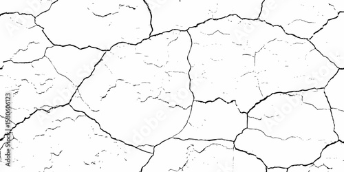 high contrast image featuring a white surface  with black cracks,  creating an abstract and distressed background look	 with textured regions concentrated towards the bottom.