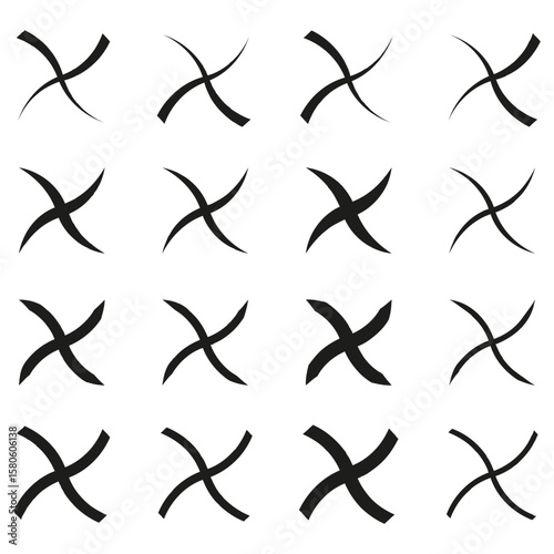 Black cross pattern. Dynamic stroke marks. White background grid. Vector deletion symbols.