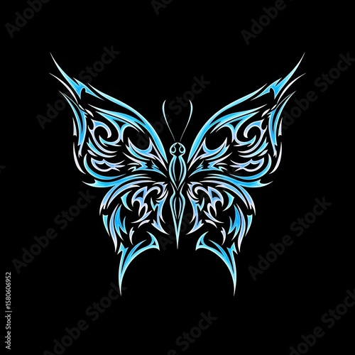 Intricate blue tribal butterfly design featuring symmetrical flame-style wings on a solid black background, perfect for tattoos, digital art, visual decor, or vector logos