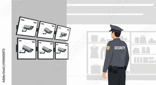 Security Guard Observing Surveillance Cameras in a Retail Environment.