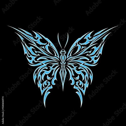 Intricate blue tribal butterfly design featuring symmetrical flame-style wings on a solid black background, perfect for tattoos, digital art, visual decor, or vector logos