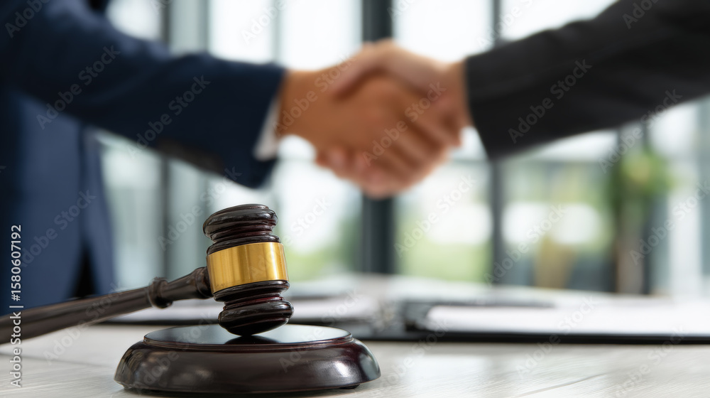 Fototapeta premium fondo abstracto con mazo de juez en primer plano encima de mesa y fondo de despacho luminoso con apreton de manos de dos personas con traje. Concepto acuerdos de divorcio o judiciales, subastas