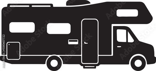 Black and white illustration of a modern recreational vehicle for adventure and travel