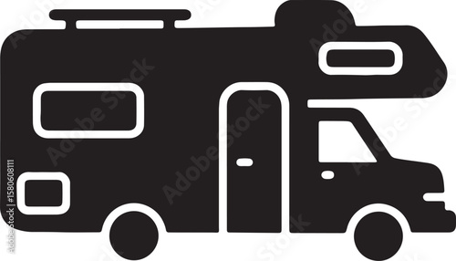 Black and white minimalist illustration of a modern recreational vehicle or campervan