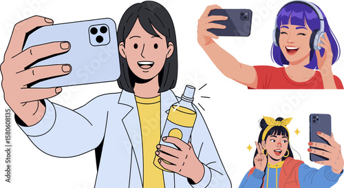 Three Diverse Women Taking Selfies with Smartphones.