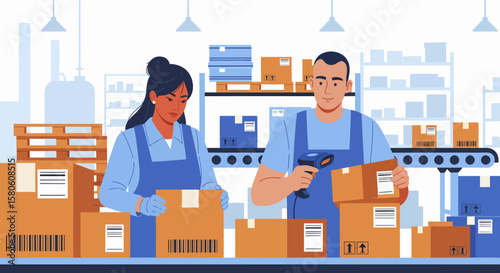 Warehouse workers scanning and sorting boxes on a conveyor belt in a factory.
