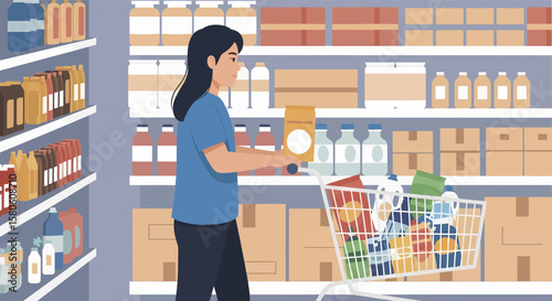 Woman Pushing Shopping Cart Full of Groceries in a Supermarket.