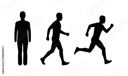 Man Standing, Walking, and Running Silhouettes | Human Figure Movement Stages for Health, Fitness and Sport Illustration