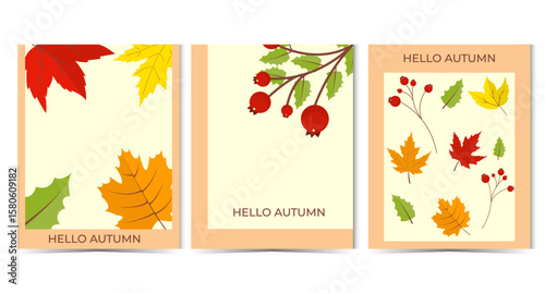 Minimalist autumn greeting card set. leaves and berriesin warm color and modern style. Design template for seasonal greetings and promotions, banner, ads, social media