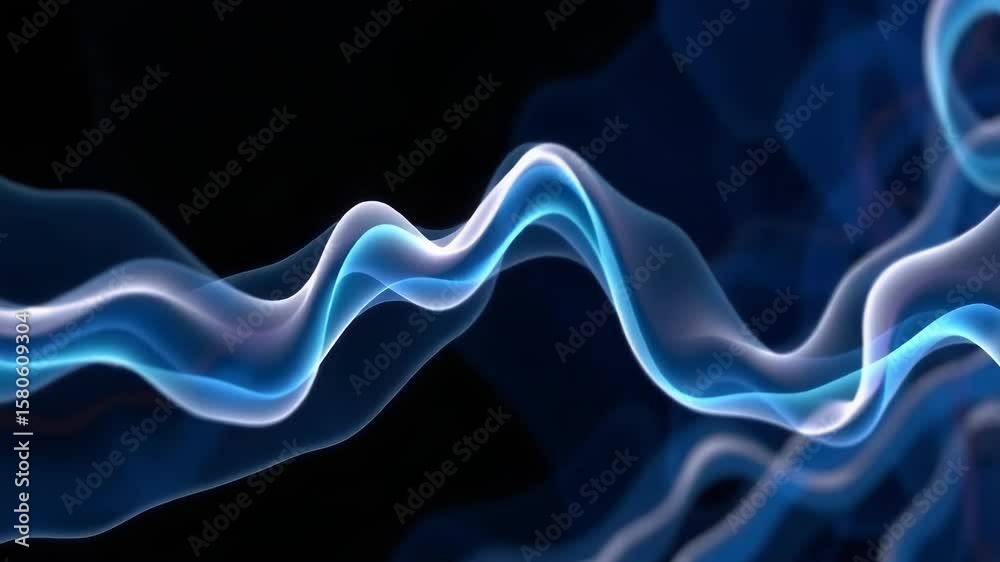 A mesmerizing blue wave of light flows and curves against a dark background, representing sound or energy