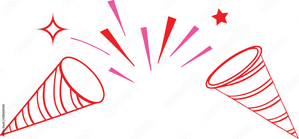 Obraz premium Two party poppers exploding with colorful confetti and streamers isolated on transparent background