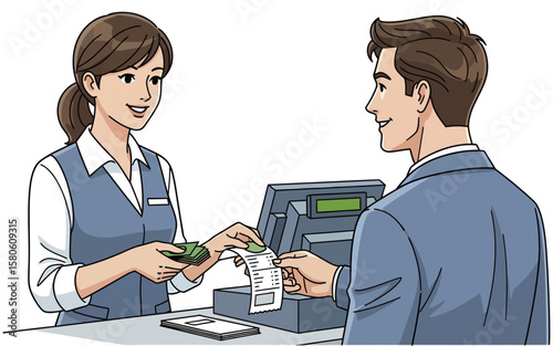 Cashier with ponytail takes money from customer in blue suit at register.