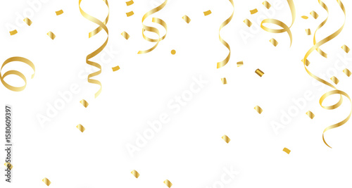 Golden confetti and swirls falling festive celebration isolated on transparent background