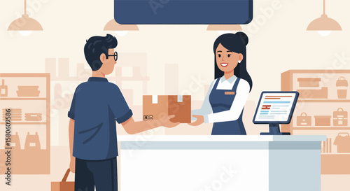 Customer Receiving Package from Smiling Store Clerk at Checkout Counter.