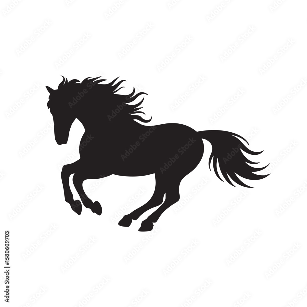 Obraz premium Black silhouette of a galloping horse with flowing mane and tail on white background