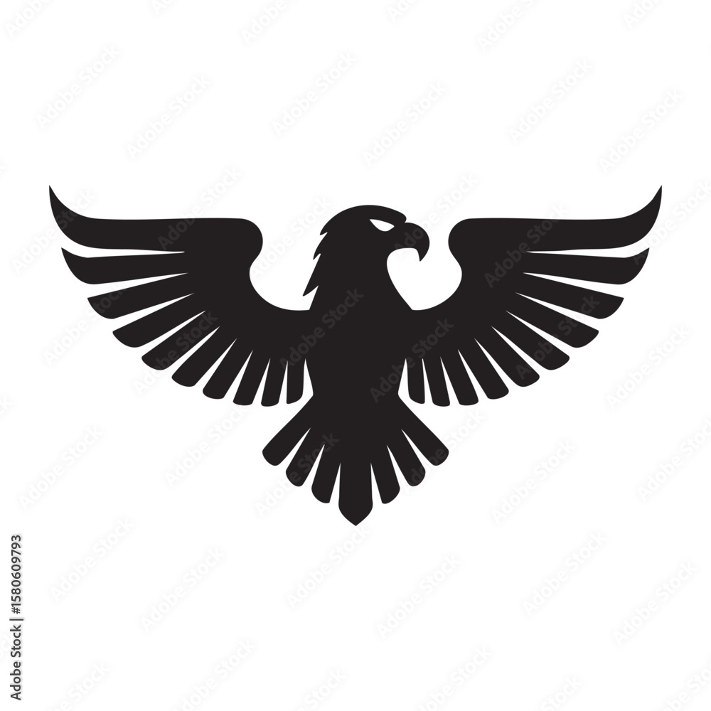 Fototapeta premium Black silhouette of an eagle with outstretched wings in symmetrical heraldic style on white background